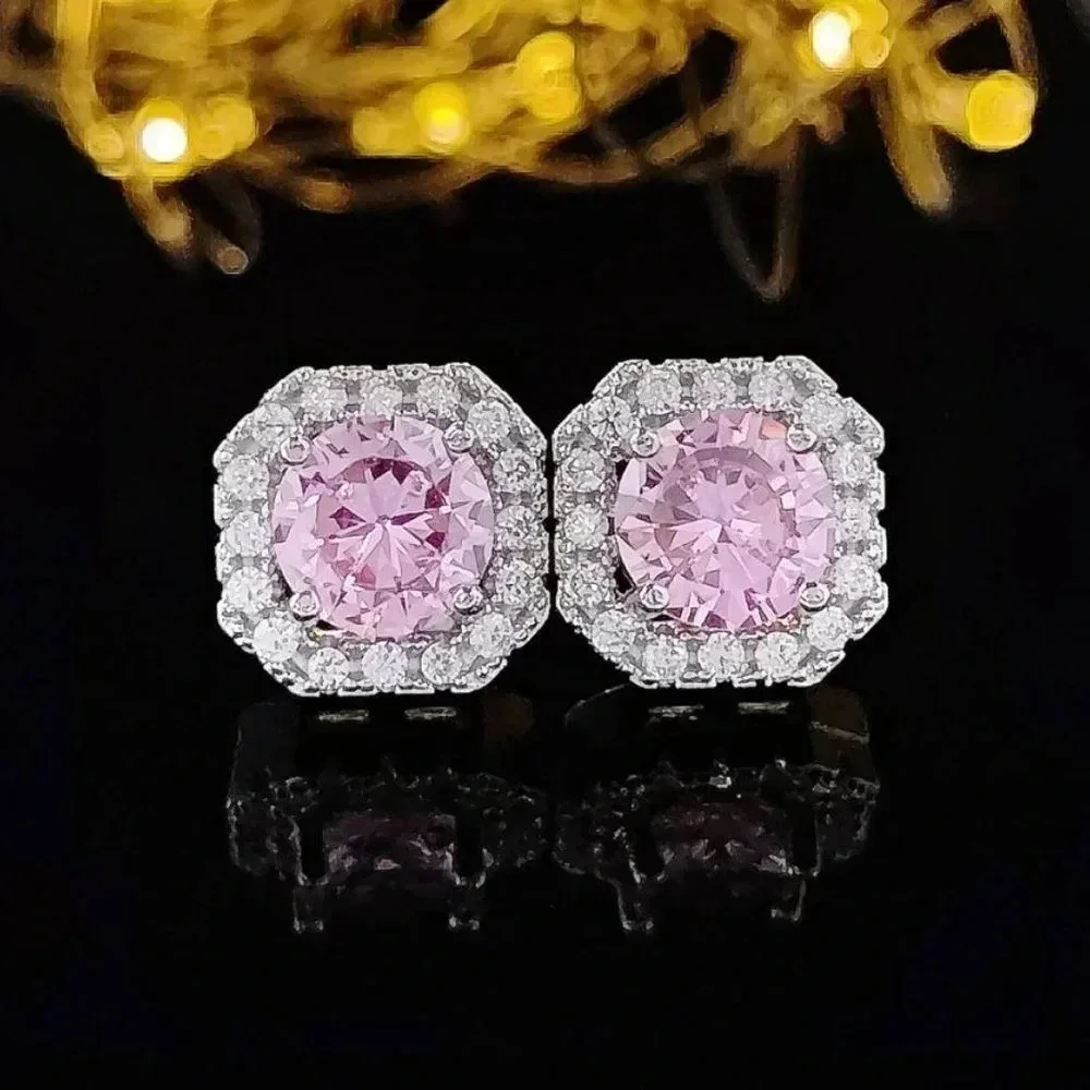 Pink Sapphire Round Brilliant Cut Halo Diamond Ring & Earring Set